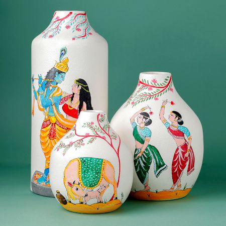 Handcrafted Ceramic Pattachitra Radha Krishna Love Story Vase Set of 3